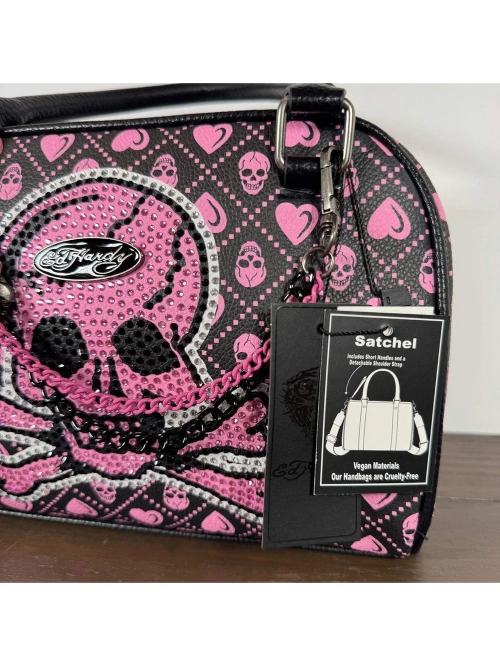 Ed Hardy Black and Pink Rhinestone Skull Satchel